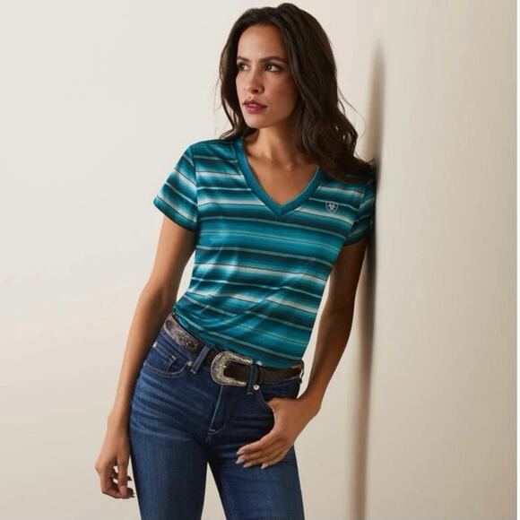 AriatTEK Women’s Striped V-Neck Performance Shirt Size Large Turquoise Stretch - Picture 1 of 7